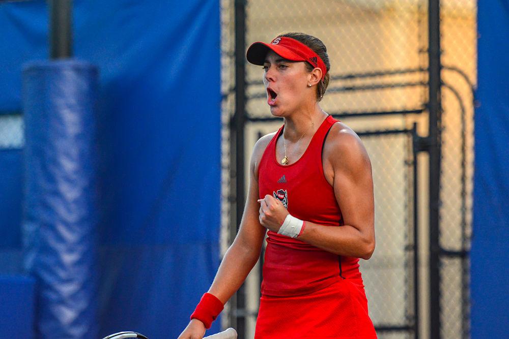 Junior Adriana Reami celebrates winning a point against Duke sophomore Kelly Chen on Friday, May 10, 2019 at Ambler Tennis Stadium in Durham. Reami lost to Chen 6-3, 6-4 during the Wolfpack&#8217;s 4-0 overall loss.
