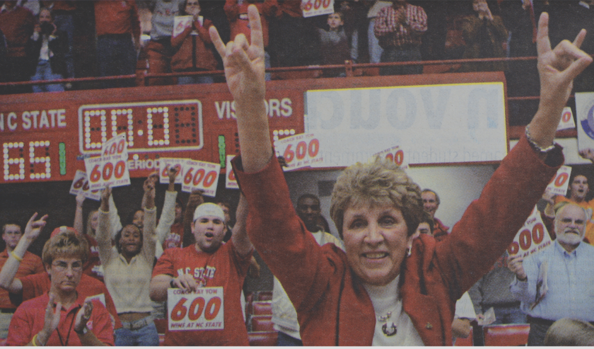Women's basketball head coach Kay Yow celebrates her 600th win at NC State on Jan. 11, 2001. Yow later battled a recurrence of breast cancer and still led her team to a 10-4 ACC record No. 5 seed in the NCAA Tournament.