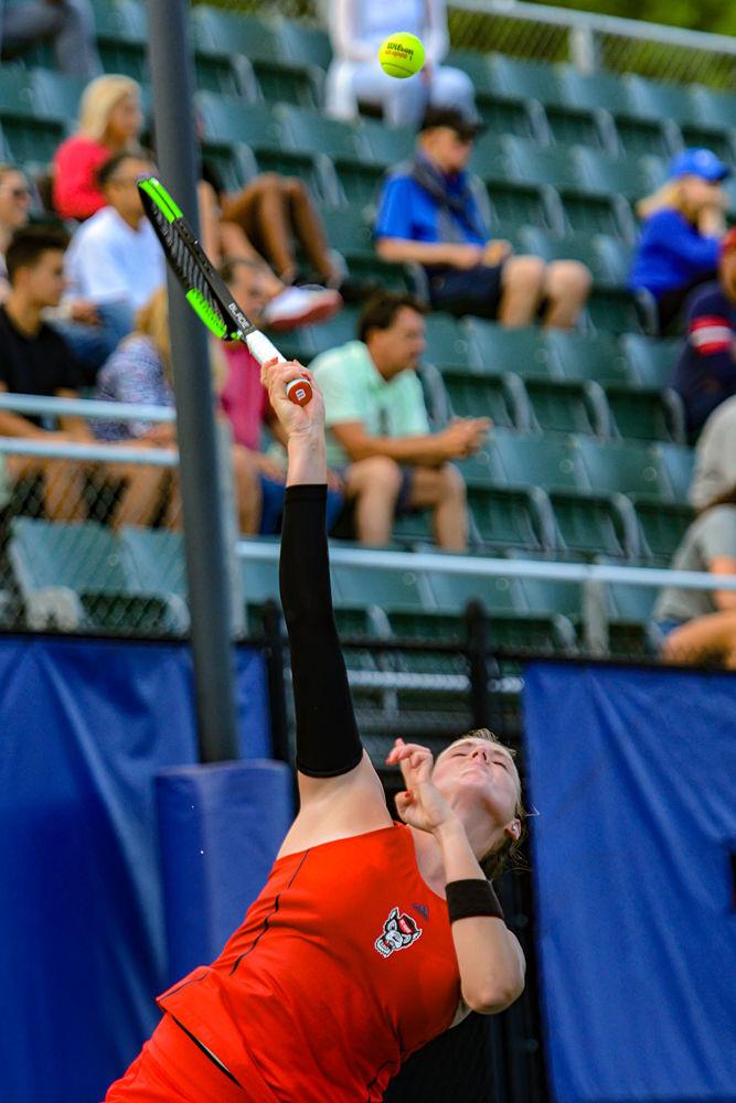 Junior Anna Rogers serves during a doubles match against Duke on Friday, May 10, 2019 at Ambler Tennis Stadium in Durham. Rogers and freshman Alana Smith beat Duke sophomore Kelly Chen and senior Ellyse Hamlin 6-2 during the Wolfpack&#8217;s 4-0 overall loss, ending their season in the Sweet Sixteen of the NCAA Tournament.