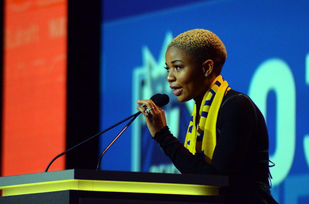 NC State women's soccer's Tziarra King at the podium after being selected eighth overall by the Utah Royals in the first round of the 202 NWSL College Draft.