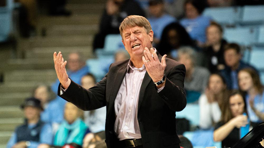 Head coach Wes Moore reacts to a referee&#8217;s call during the first half at UNC-Chapel Hill on Thursday, Jan. 9 in Carmichael Arena. The Wolfpack suffered their first loss of the season 66-60.