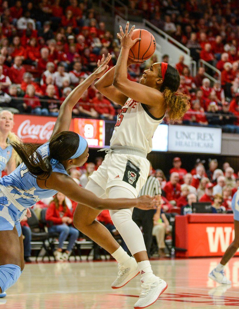 Junior forward Kayla Jones shoots a jumpshot during the game versus UNC on Sunday, Jan. 26, 2020 in Reynolds Coliseum. Jones scored 10 points and had 7 rebounds against UNC. The Wolfpack beat the Tar Heels 76-68.