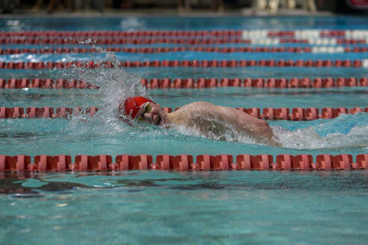 Junior Eric Knowles swims the 1000 yard freestyle. Knowles places first with a 9:03.91. The Wolfpack men came away with a 191-104 victory over Duke in the Casey Aquatic Center on Saturday, Jan. 18.