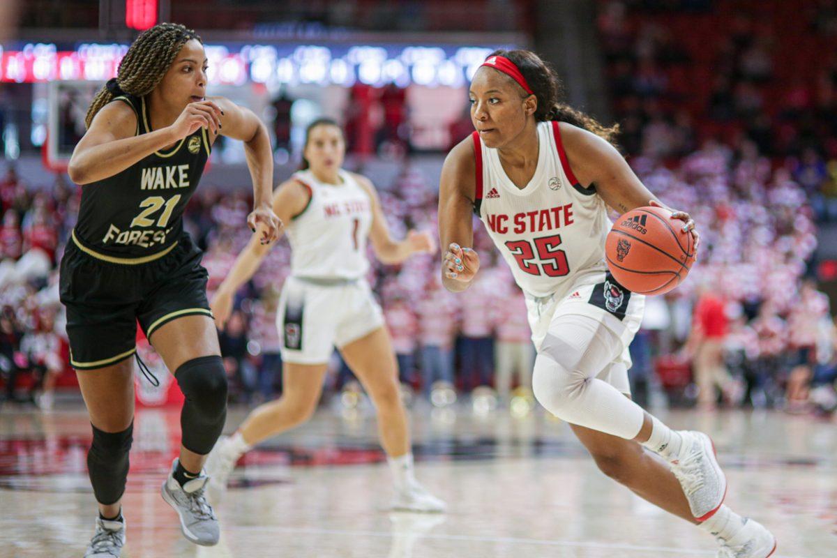 Junior forward Kayla Jones drives in to the paint. Jones had a double-double with 15 points and 11 rebounds in the 59-45 win over Wake Forest on Sunday, Jan. 19 in Reynolds Coliseum.