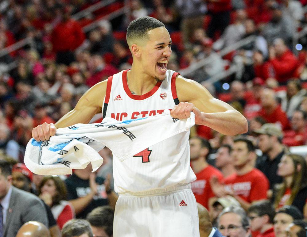 Sophomore forward Jericole Hellems celebrates during the second half of the game versus Notre Dame on Wednesday, Jan. 8, 2020 in PNC Arena. Hellems scored 12 points against the Fighting Irish. The Wolfpack overcame a deficit at the half to beat Notre Dame 73-68.