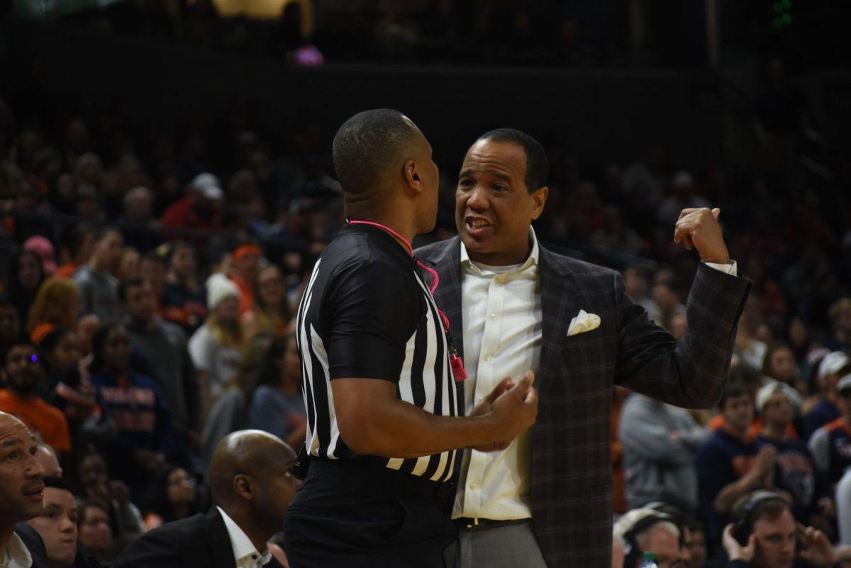 Men's basketball coach Kevin Keatts argues a call with the referee during the Wolfpack's 53-51 win over Virginia.&#160;