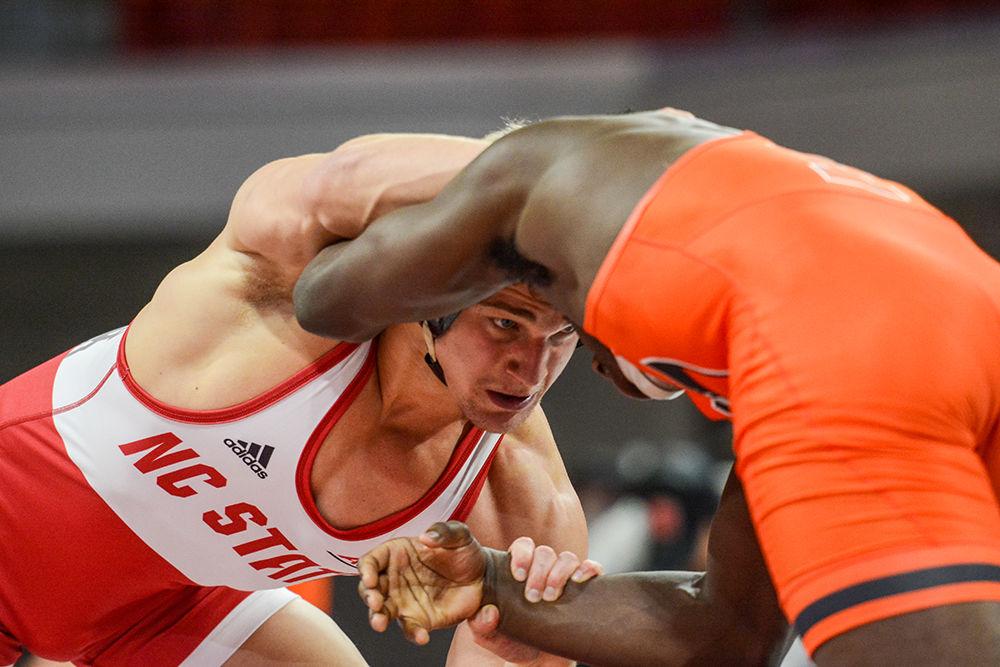 Hayden Hidlay, a Redshirt Junior, stares down his opponent in the match against the Princeton Tigers on Saturday, Jan. 11, 2020. During the 18-19 season, he earned the All-American honors for the second year in a row, placing 4th at 157 pounds.