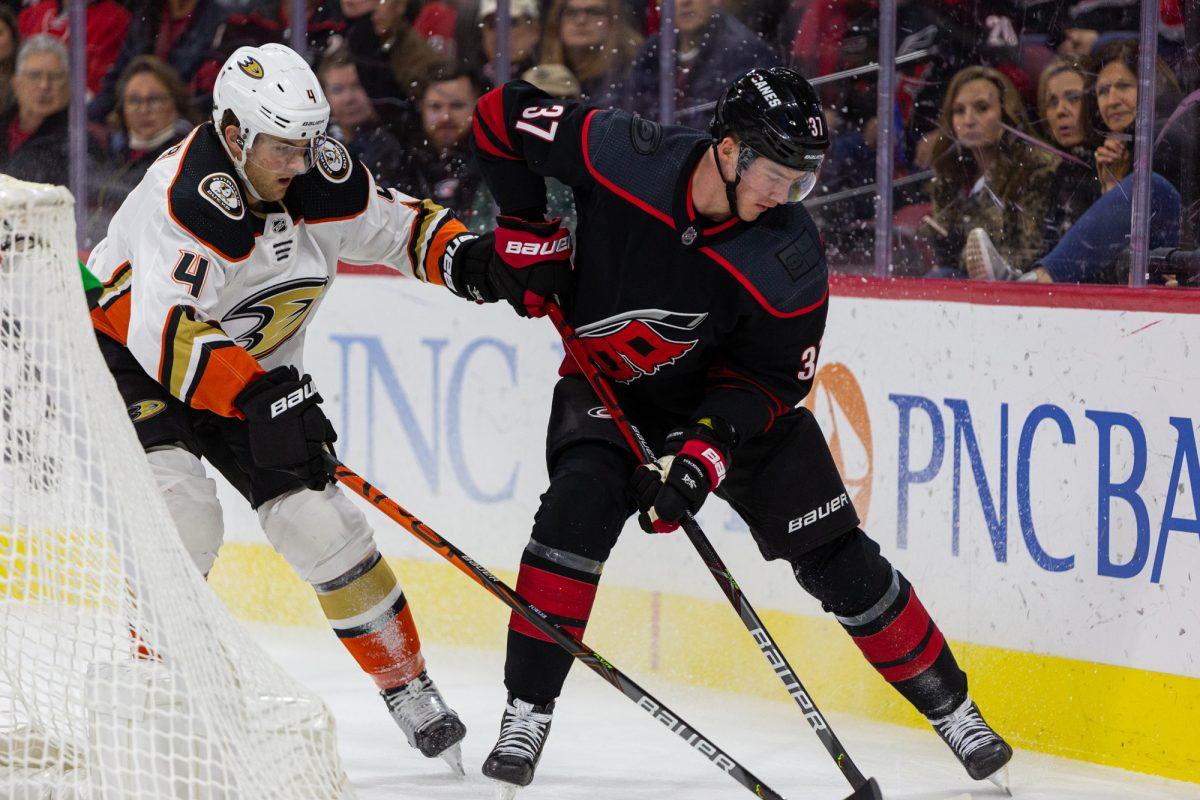 Hurricanes right wing Andrei Svechnikov brings the puck around the net versus the Ducks on Friday, Jan. 17, 2020 at PNC Arena. The Canes lost 2-1 in overtime.