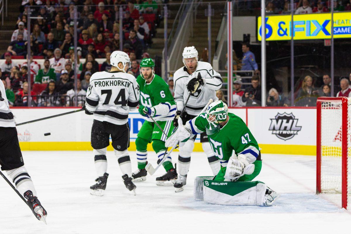 Hurricanes goal tender James Reimer blocks a shot versus the Kings on Saturday, Jan. 11, 2020 at PNC Arena. Reimer blocked 41 shots in the 2-0 shutout on Whalers night.