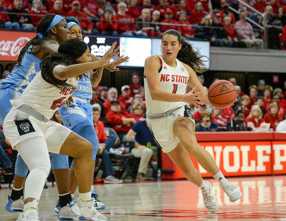 Senior guard Aislinn Konig drives to the basket during the game versus UNC Chapel Hill on Sunday, Jan. 26, 2020 in Reynolds Coliseum. Konig scored 16 points and had 2 rebounds against UNC. The Wolfpack beat UNC 76-68.