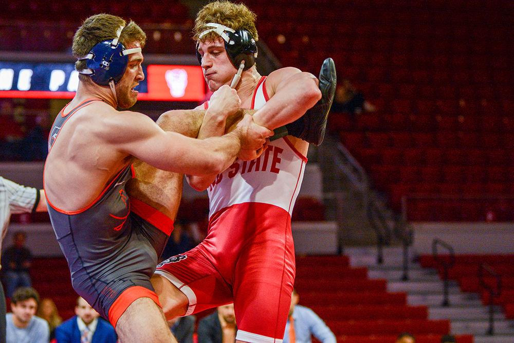 Redshirt freshman Trent Hidlay prepares to trip his opponent and bring him to the ground in the match against the Virginia Cavaliers on Saturday, Jan. 24, 2020. He won a bronze medal at the 2019 Junior World Championships in Estonia in August of 2019.