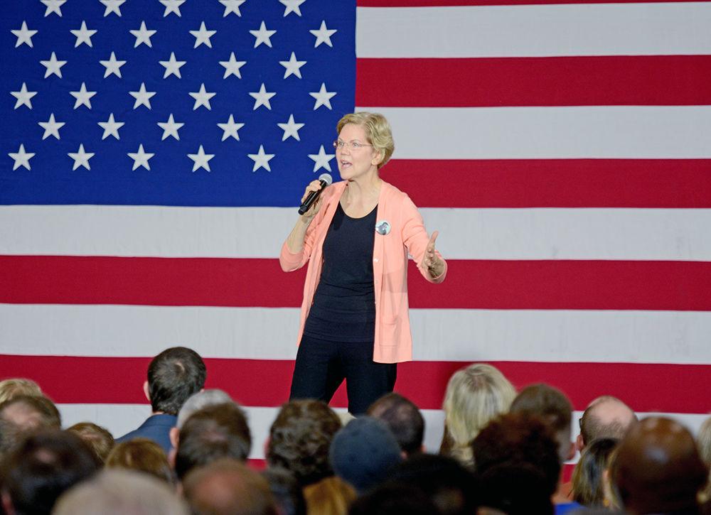 Senator Elizabeth Warren addresses the crowd about her campaign platform during her rally at Broughton High School on Thursday, Nov. 7, 2019. The event had over a 3500 people in attendance.
