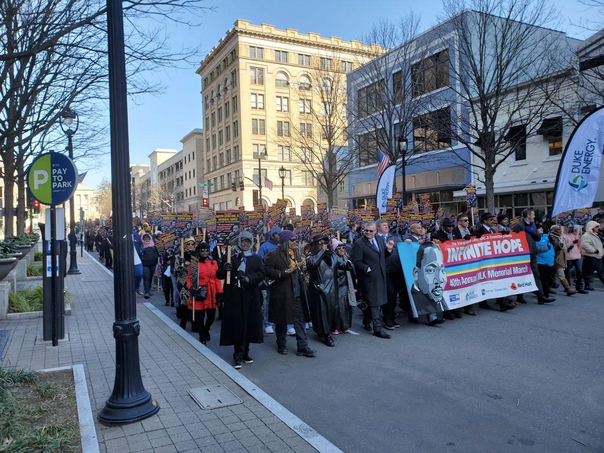 Several hundred people marched down Fayetteville Street on Monday, Jan. 20, 2020 for the city's annual Martin Luther King Jr. Day march.
