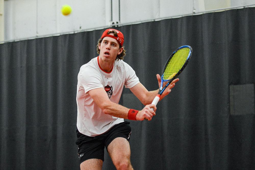 Redshirt sophomore&#160;Joseph Schrader gets ready for a backhand during the match against USC Upstate on Saturday, Jan. 11, 2020. He won both of his singles matches with scores of 6-1 and 6-4.