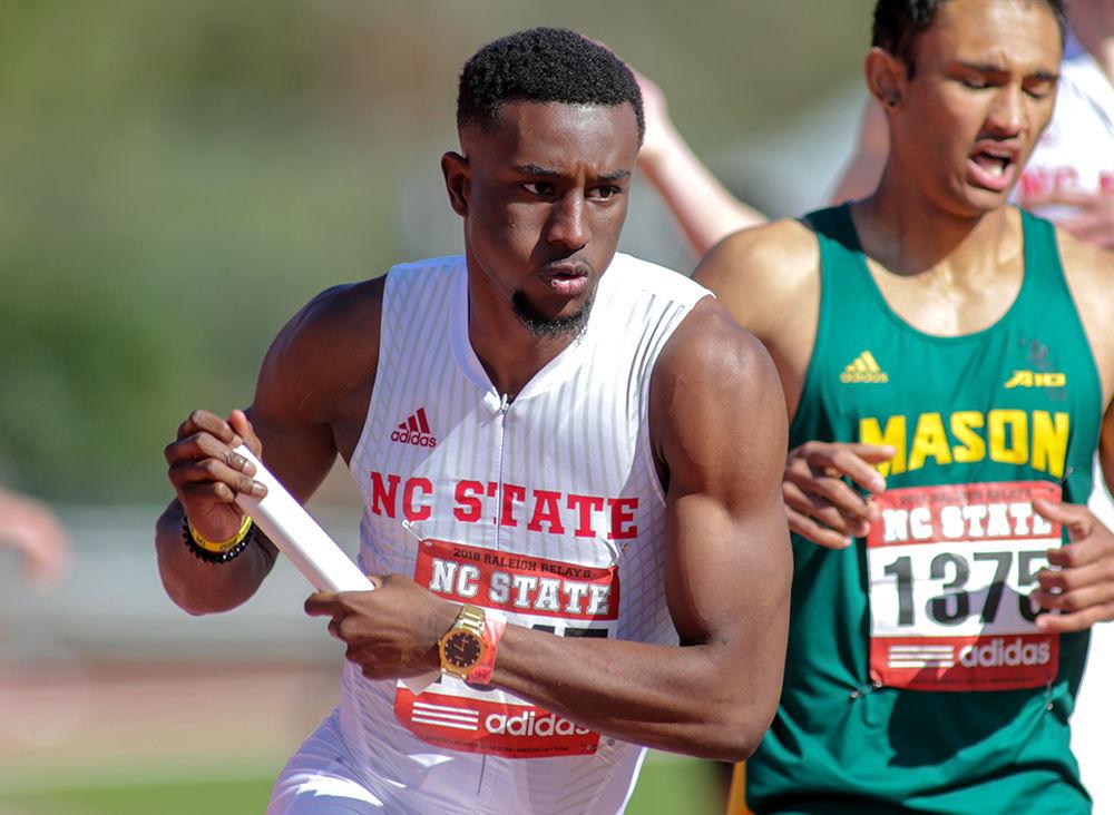 Junior Cravont Charleston competes at the Raleigh Relays on Saturday, March 31, 2018 at the Paul Derr Track and Field Facility. NC State got sixth in the men's 4x400m with a 3:16.47 in the Raleigh Relays.