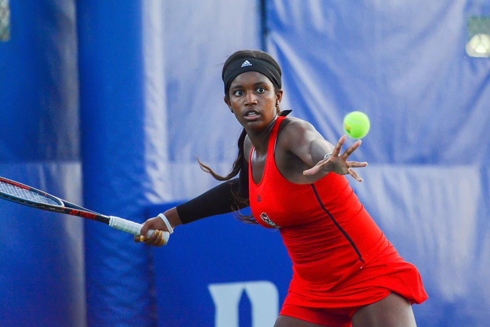 Freshman Alana Smith returns a volley against Duke junior Meible Chi on Friday, May 10, 2019 at Ambler Tennis Stadium in Durham. Smith lost to Chi 6-2, 6-2 during the Wolfpack&#8217;s 4-0 overall loss to the Blue Devils.
