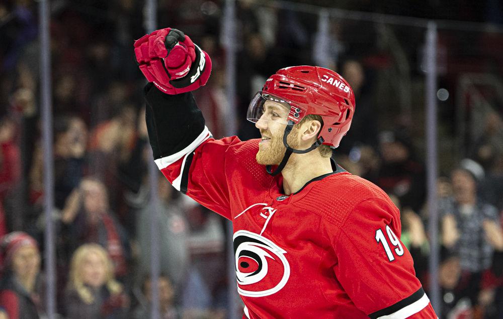 Carolina defenseman Dougie Hamilton celebrates scoring the game-winning goal in overtime against Philadelphia on Tuesday, Jan. 7 at PNC Arena. Hamilton totaled one goal and one assist as the Hurricanes won 5-4.