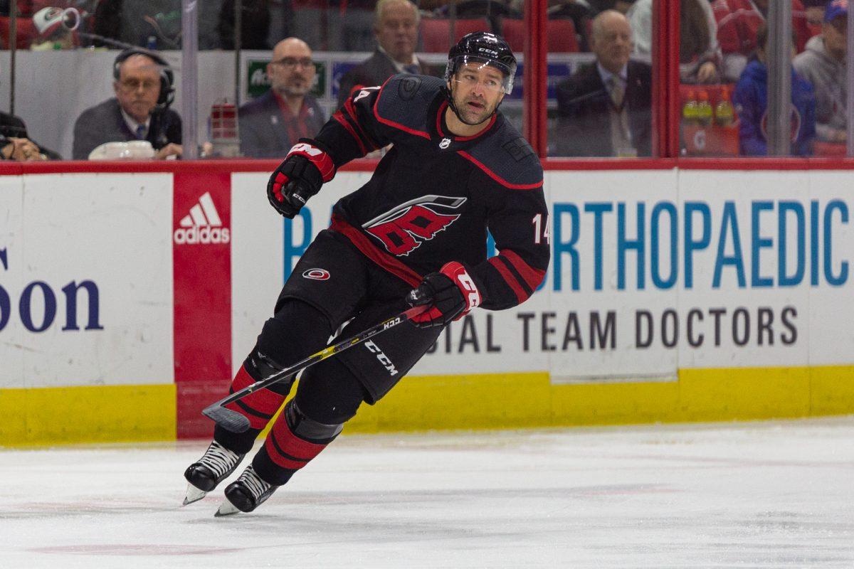 Hurricanes right wing Justin Williams skates versus the Islanders on Sunday, Jan. 19, 2020 at PNC Arena. Williams score the winning goal in shootout to lead the Canes to the win 2-1. Williams had three shots in 18 shifts.