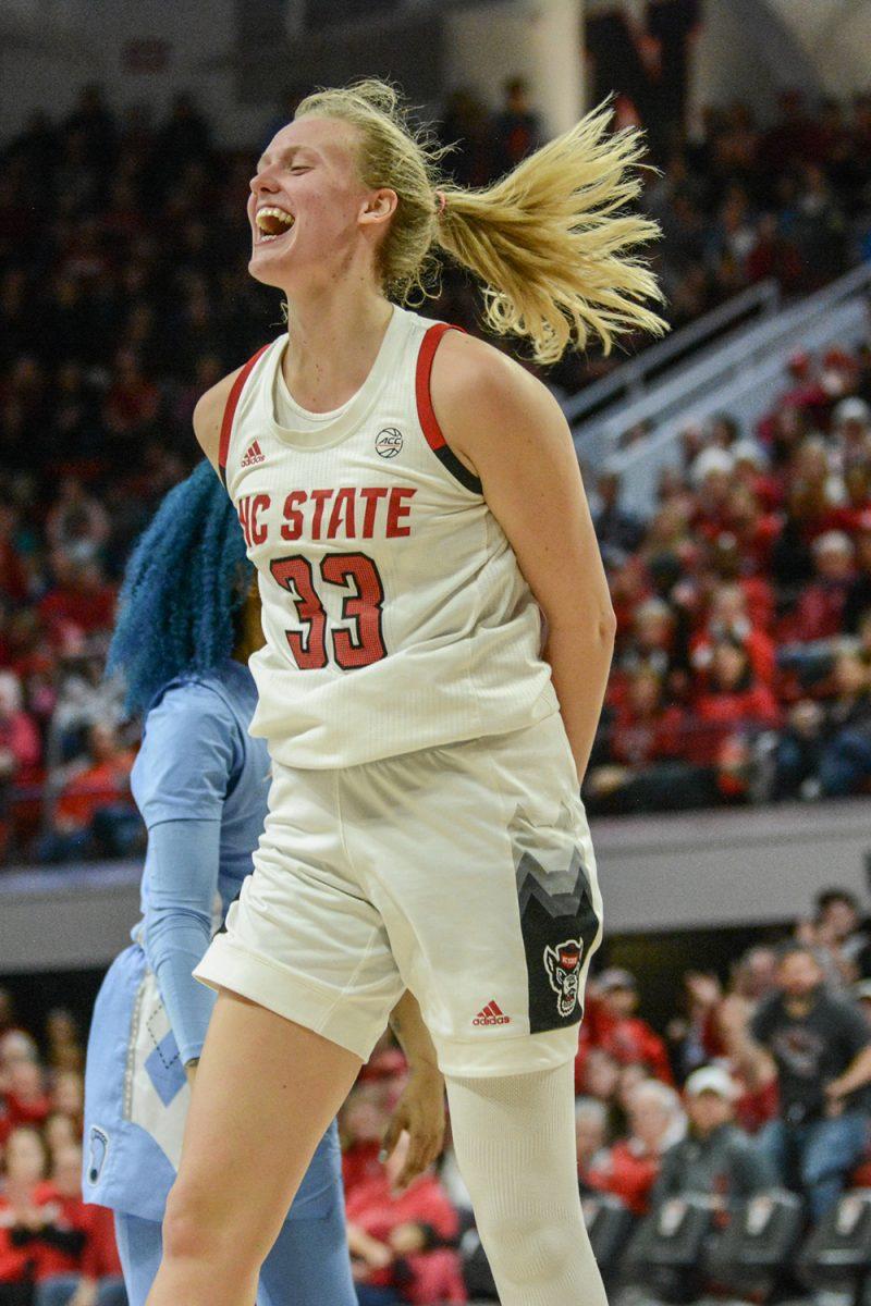 Sophomore center Elissa Cunane celebrates after drawing a foul during the game versus UNC on Sunday, Jan. 26, 2020 in Reynolds Coliseum. Cunane had a double-double against UNC with 22 points and 17 rebounds. The Wolfpack beat the Tar Heels 76-68.