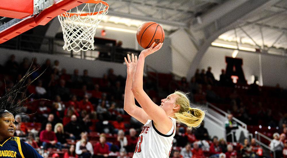 Sophomore center Elissa Cunane takes an inside shot against Chattanooga on Thursday, Dec. 19, 2019 at Reynolds Coliseum. Cunane recorded a game-high 17 points along with seven rebounds as the Wolfpack won 74-38.