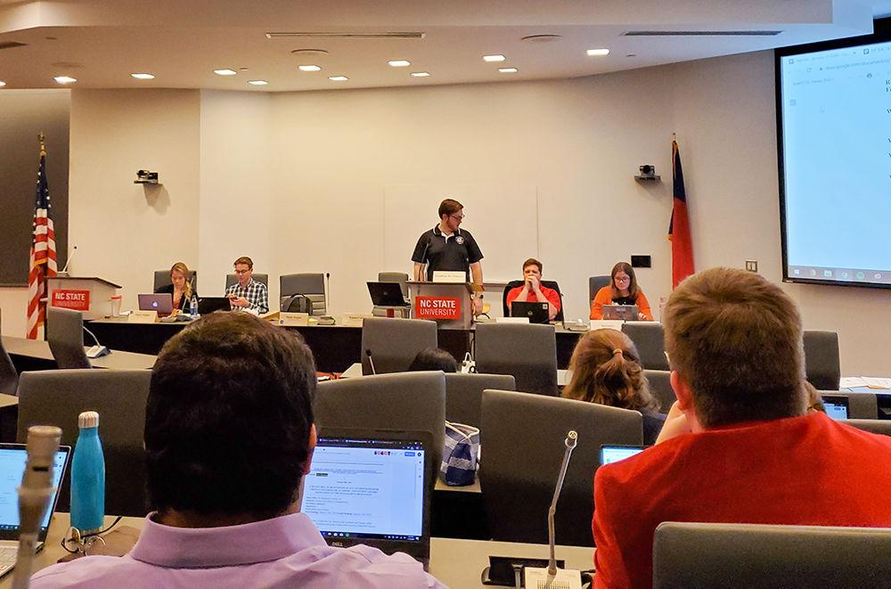 Student Senate President Pro Tempore Coleman Simpson leads the first senate meeting of the spring 2020 semester on Wednesday, Jan. 15, 2020 in Talley Student Union. Senators debated a contentious measure to extend the election voting period from 24 to 48 hours.