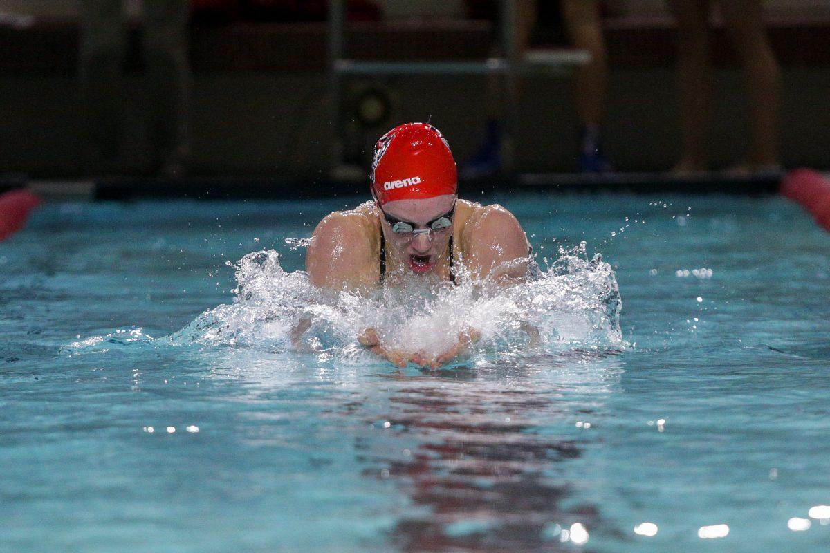 Junior Olivia Calegan swims the 100 yard breastroke. Calegan placed second with a 1:02.85, just 0.12 seconds behind first. The Women took down Duke 181-116 on Saturday, Jan. 18 in Casey Aquatic Center.