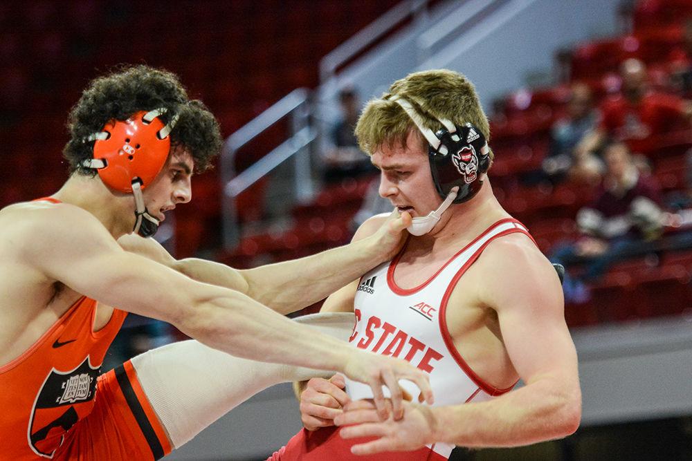 Thomas Bullard, a Redshirt Junior, keeps control of his opponent's leg in the match against the Princeton Tigers on Saturday, Jan. 11, 2020. In the 18-19 season, he earned All-ACC honors by making finals after starting as the #3 seed.