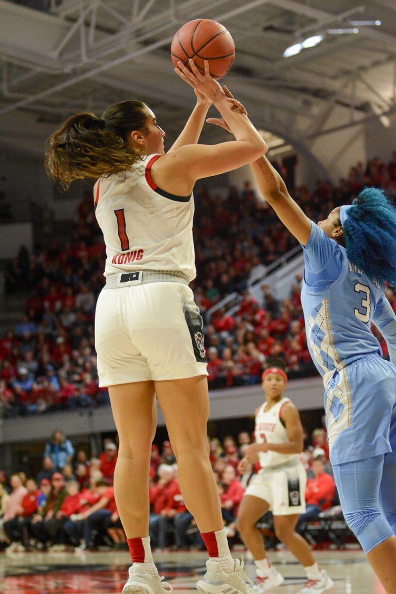 Senior guard Aislinn Konig puts up a quick shot during the game versus UNC Chapel Hill on Sunday, Jan. 26, 2020 in Reynolds Coliseum. Konig scored 16 points and had 2 rebounds against UNC. The Wolfpack beat UNC 76-68.