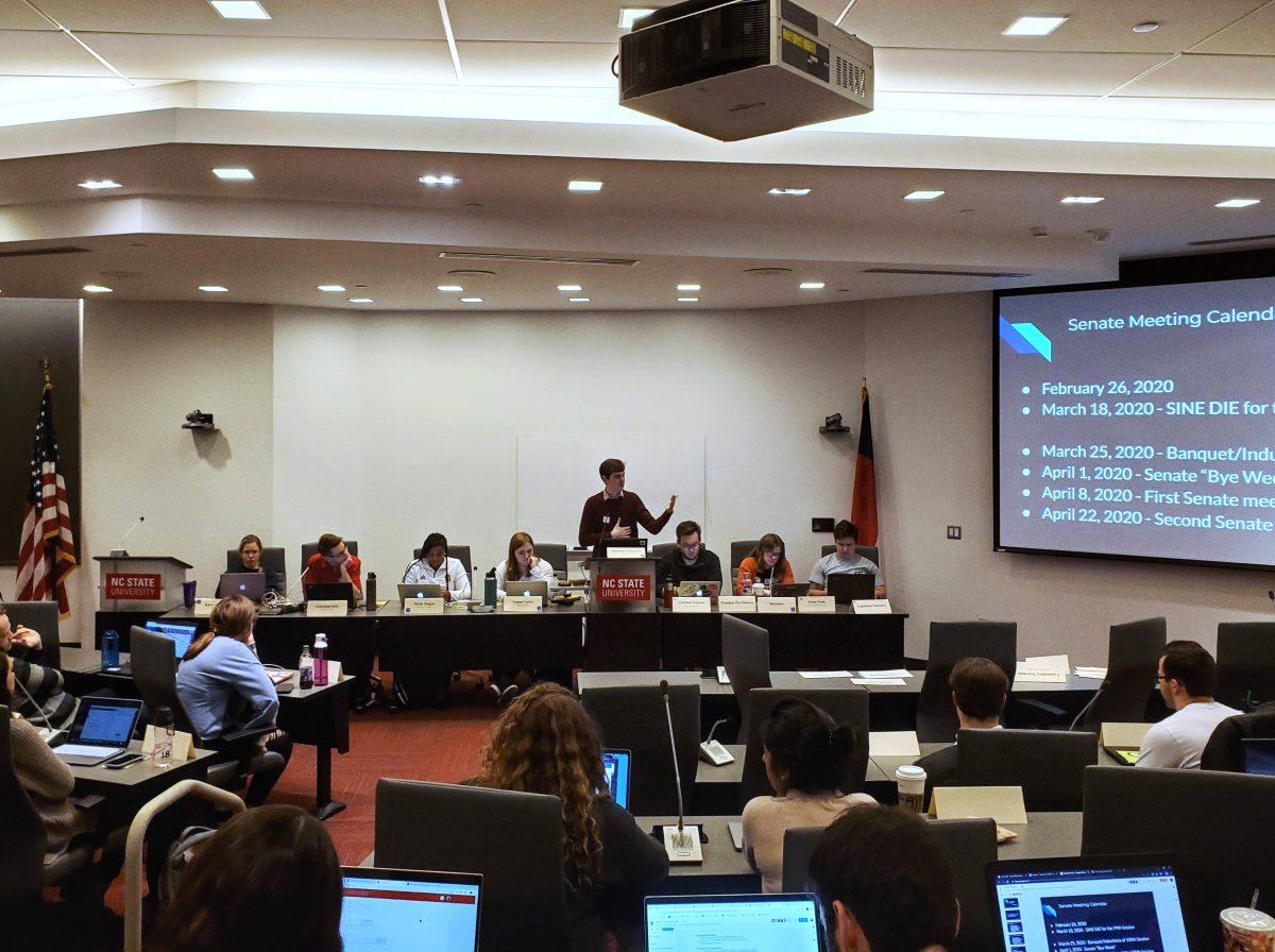 Student Senate President Mitchell Moravec, a second-year graduate student in public administration, outlines the calendar for the remainder of Student Government's 99th session during a Senate meeting on Wednesday, Feb. 12, 2020.