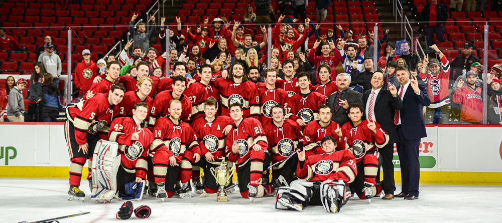 The NC State Icepack celebrate winning the Governor&#8217;s Cup against UNC-Chapel Hill on Monday, Nov. 25, 2019 at PNC Arena. The Icepack won 8-6.