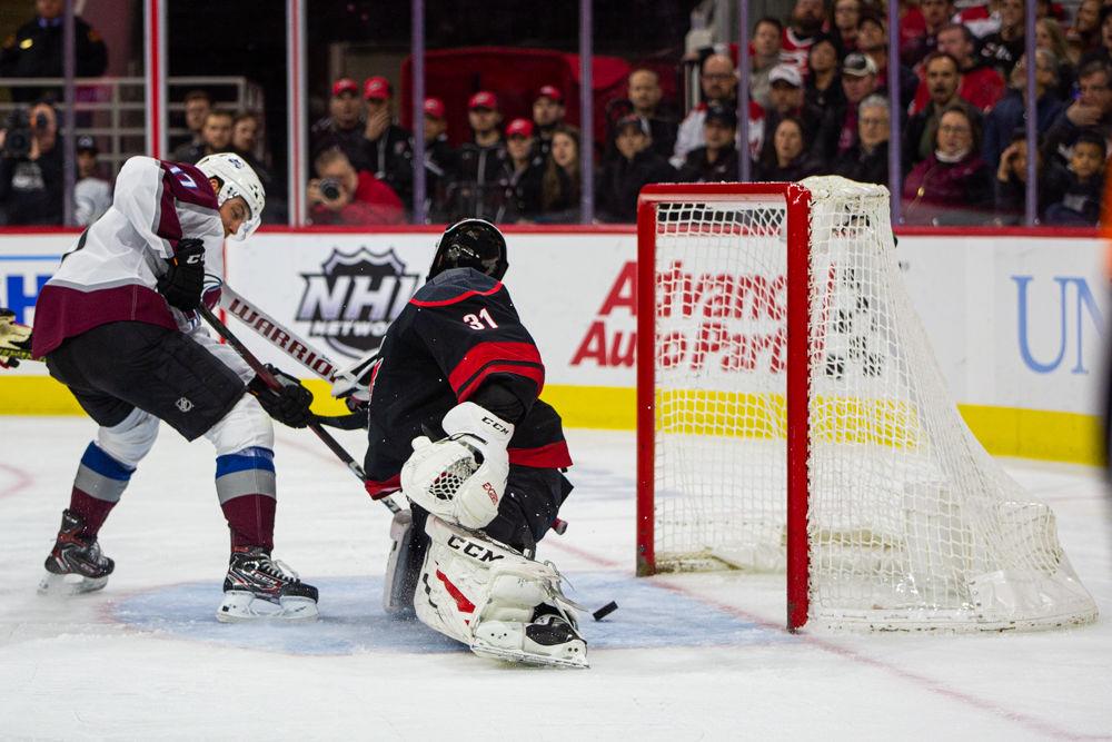 Hurricanes goal tender Anton Forsberg lets in a goal by Avalanche center Tyson Jost on Friday, Feb. 28, 2020 at PNC Arena. Forsberg blocked 29 of the 32 shots he faced in the loss to the Colorado Avalanche.