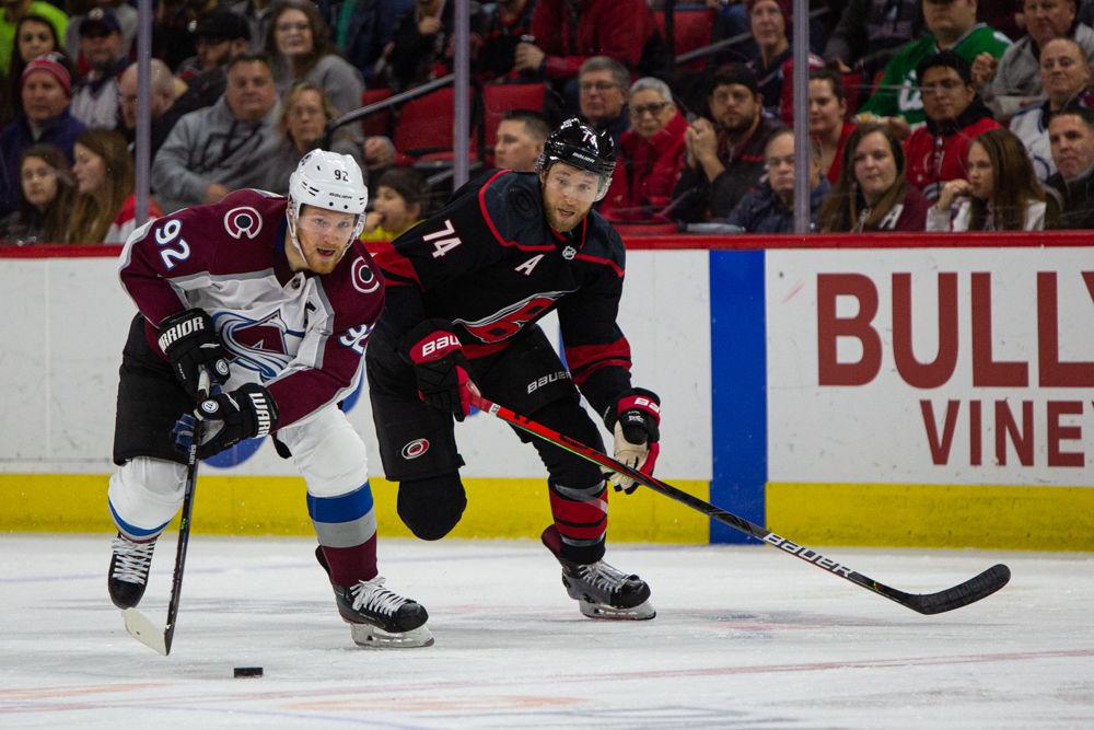 Avalanche left wing Gabriel Landeskog is chased by Hurricanes defenseman Jacob Slavin on Friday, Feb. 28, 2020 at PNC Arena. Landeskog had one assist in 20 shifts in the 3-2 win over the Carolina Hurricanes.