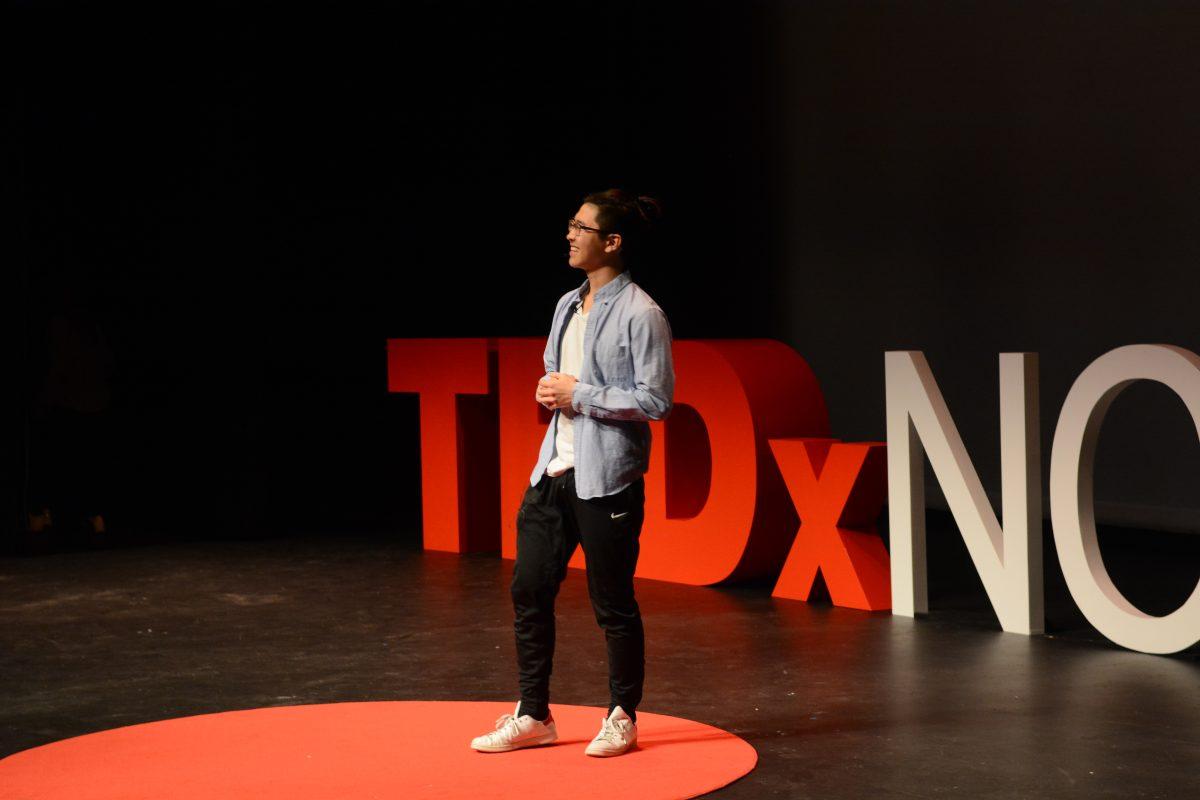 Jeremy Park, a fourth year student at NC State, speaks about living in the present at the TedxNCState event on Friday, Feb. 21, 2020 at Litmus Theatre. Park is passionate about dance and incorporated two performances into his talk.