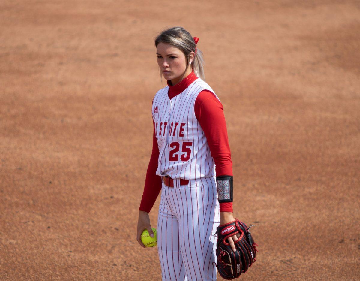 Senior pitcher, Devin Wallace, mentally prepares before pitching against Lehigh University on Friday, Feb. 28 at Dail Softball Stadium. NC State won 12-2 in only six innings.