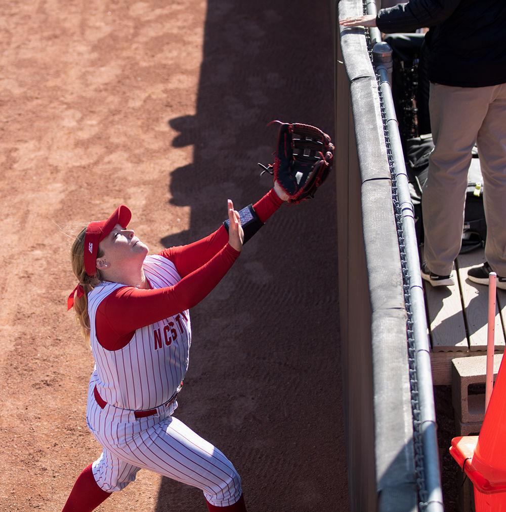 Senior Skylar Johnston attempts to catch a foul ball on Friday, Feb. 28 at Dail Softball Stadium. NC State won 12-2 against Lehigh as the first part of a four game NC State Invitational.