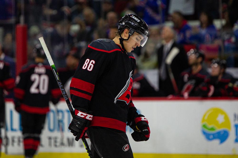 Hurricanes left wing Teuvo Teravainen looks down in frustration after an empty net goal by the Rangers on Friday, Feb. 21, 2020 at PNC Arena. Teravainen had five shots in 25 shifts in the 5-2 loss to the New York Rangers.