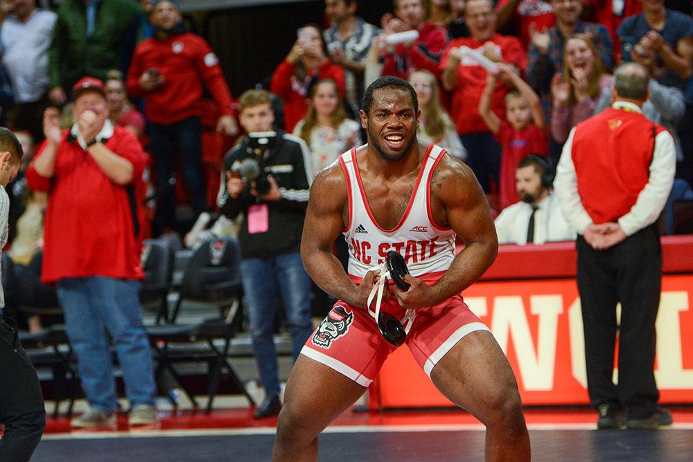 Deonte Wilson, a sophomore wrestling at 285 pounds, celebrates his victory in the match against the UNC Tar Heels on Saturday, Feb. 7, 2020. In the 18-19 season, Wilson went 22-12 at heavyweight.