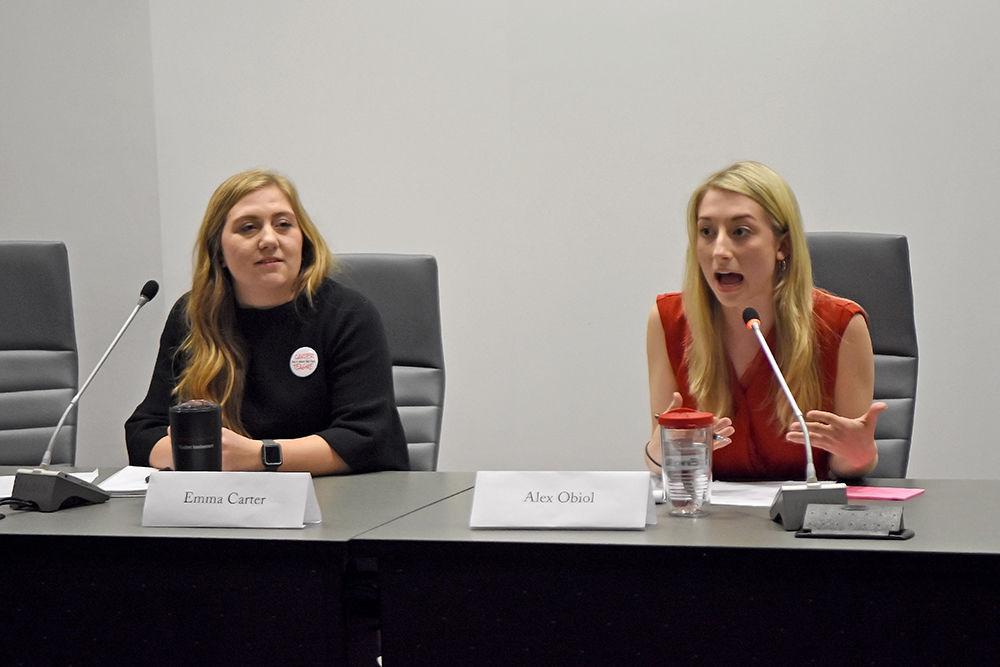 Student body president candidates Emma Carter, a third year studying sociology and international studies, and Alex Obiol, a fourth year studying textile-engineering, talk about their platforms at the student government election debate on Thursday, Feb. 28, 2019 in the Senate Chambers at Talley Student Union.