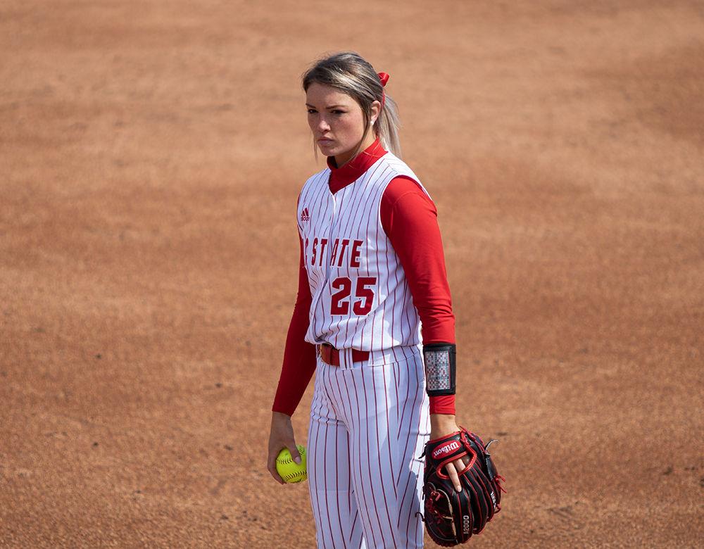Senior pitcher, Devin Wallace, mentally prepares before pitching against Lehigh University on Friday, Feb. 28 at Dail Softball Stadium. NC State won 12-2 in only six innings.