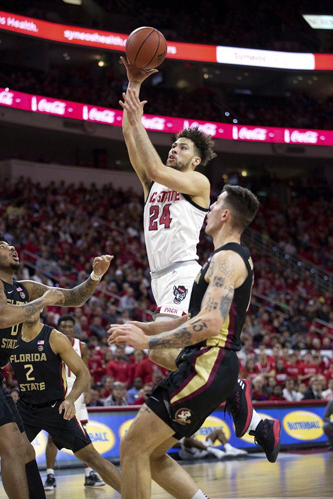 Redshirt junior guard Devon Daniels goes up for a layup versus Florida State on Saturday, Feb. 22. 2020 at PNC Arena. Daniels had 18 points and nine rebounds in the 67-61 loss versus Florida State.