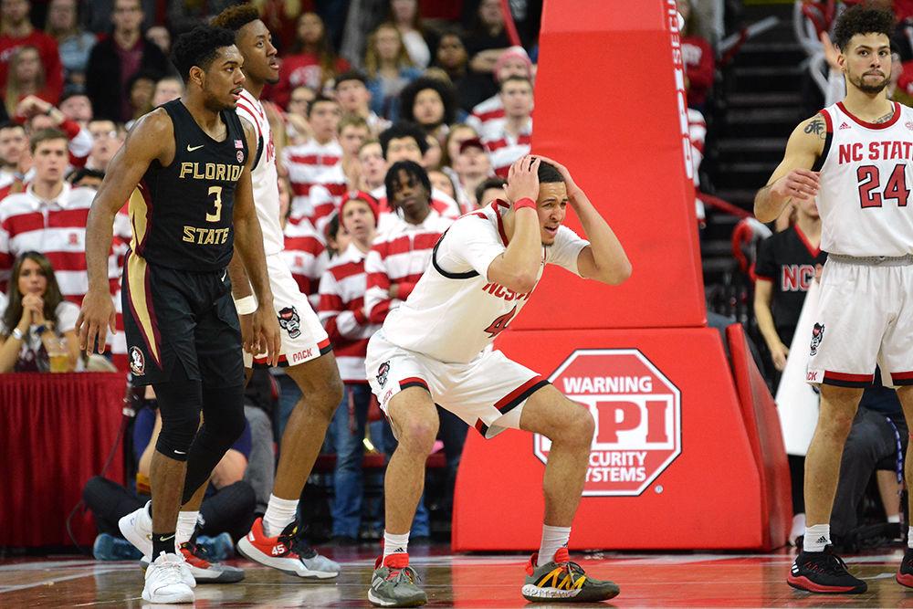 Sophomore forward Jericole Hellems questions a foul call against him during the game versus the Florida State Seminoles on Saturday, Feb. 22, 2020 in PNC Arena. Hellems scored 14 points and 7 rebounds against Florida State. The Wolfpack lost to the Seminoles 67-61.