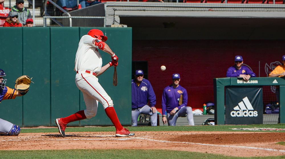 Junior outfielder Jonny Butler runs to first base during the match against Tennessee Tech at Doak Field on Sunday, Feb. 23, 2020. Butler had 1 hit and 1 run over the course of the game.