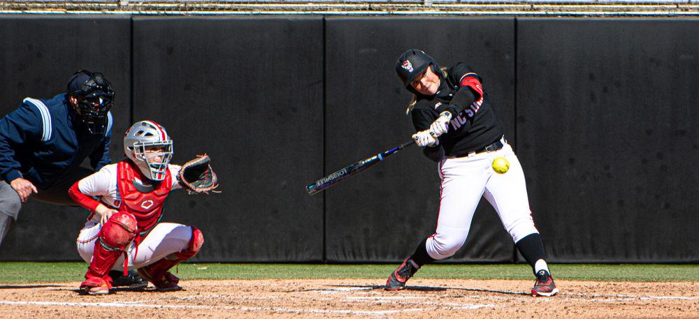 Senior infielder Skylar Johnston swings against Ohio State on Saturday, Feb. 15 at Dail Softball Stadium. Johnston went 1-4 as the Wolfpack won 5-3.