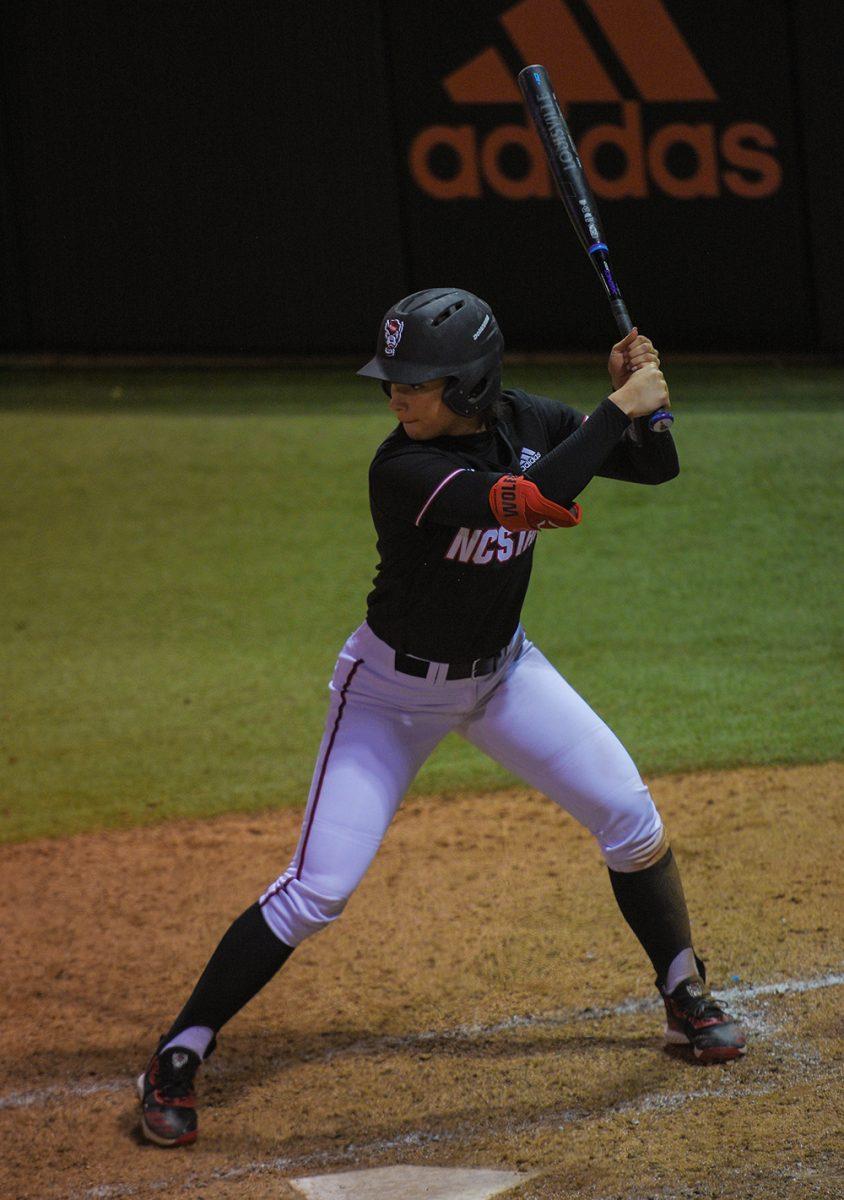 Outfielder Tatyana Forbes prepares to swing at an incoming pitch against Illinois at Dail Field on Saturday, Feb. 15, 2020. Forbes will go on to play on the Mexican Olympic Softball Team at the 2020 Tokyo Olympics.