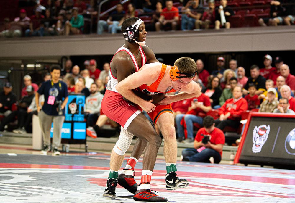 Redshirt junior Tariq Wilson wrestles Princeton sophomore Marshall Keller on Saturday, Jan. 11, 2020 at Reynolds Coliseum. Wilson defeated Keller by major decision 13-4, helping the Wolfpack to a 29-12 dual win.