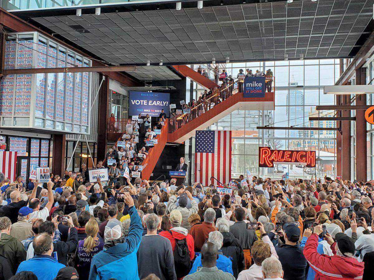 Democratic presidential candidate Mike Bloomberg speaks at a rally at Raleigh Union Station on Thursday, Feb. 13, 2020.