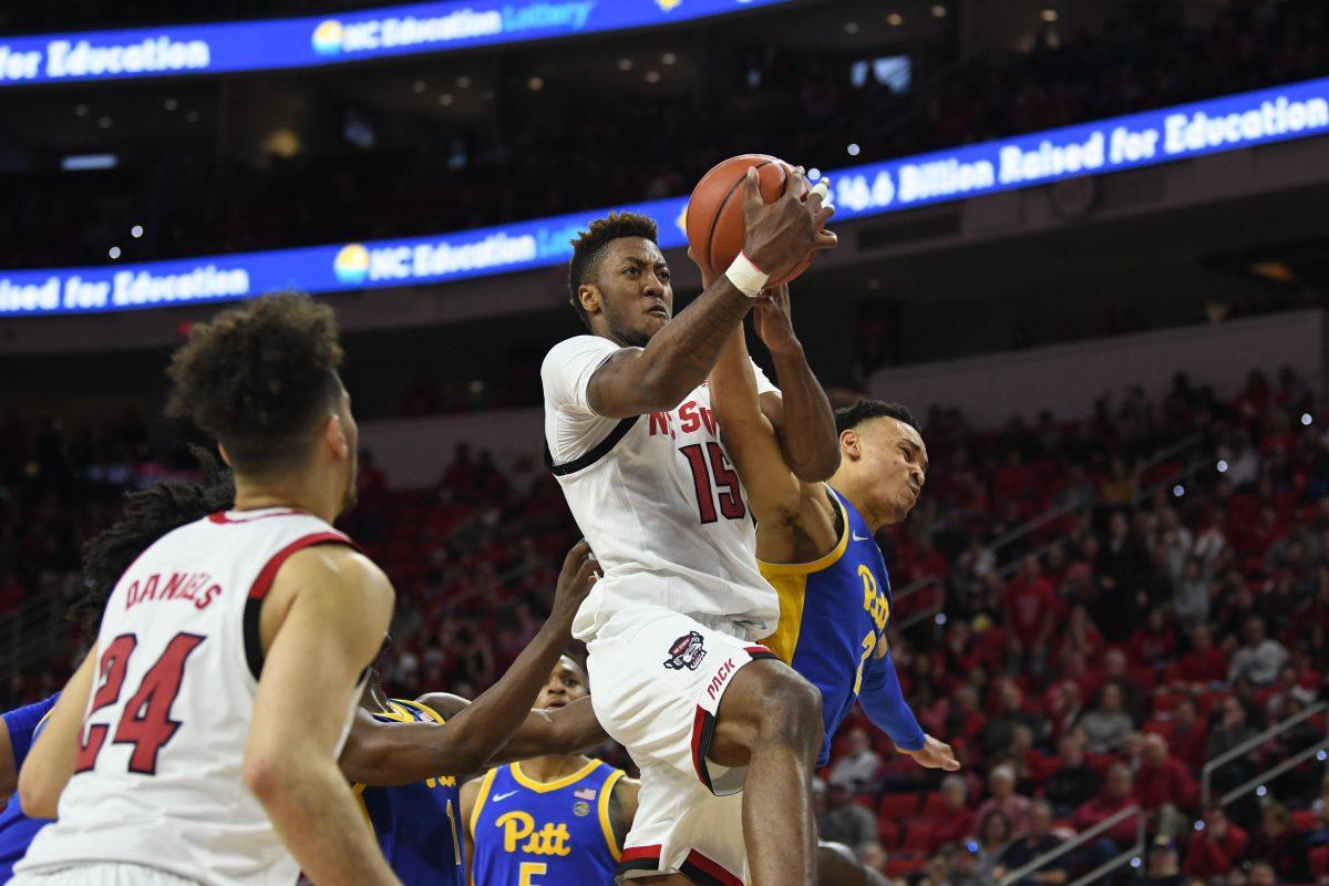 Redshirt freshman forward Manny Bates goes up for a layup during the game versus the PIttsburgh Panthers on Saturday, Feb. 29, 2020 in PNC Arena. Bates had his first career double-double with 13 points and 10 rebounds. NC State beat Pittsburgh 77-73.