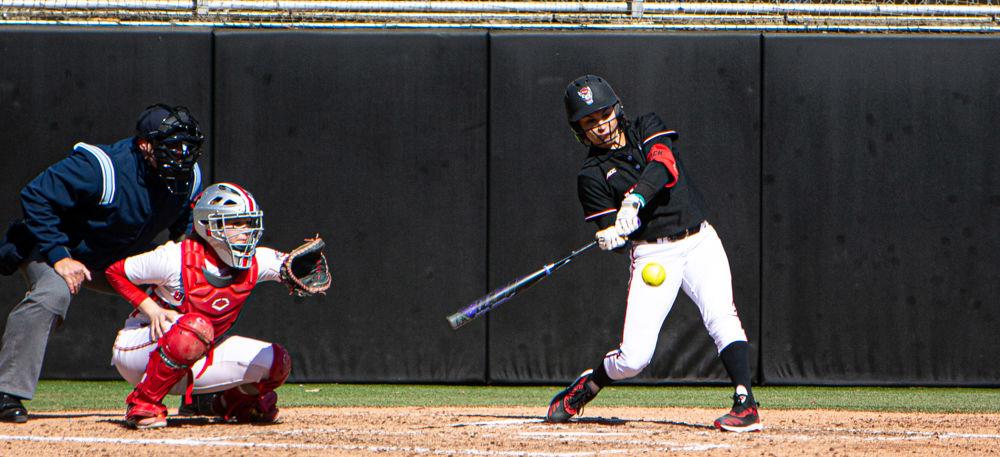 Senior outfielder Angie Rizzi swings against Ohio State on Saturday, Feb. 15 at Dail Softball Stadium. Rizzi went 1-3 with one strikeout as the Wolfpack won 5-3.