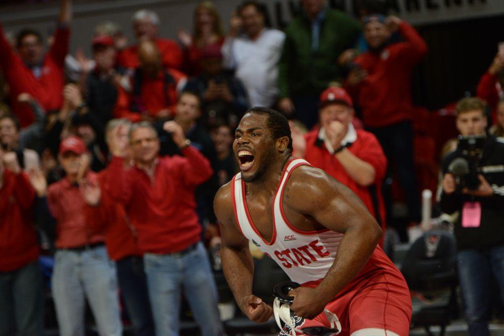 Deonte Wilson, a sophomore wrestling at 285 pounds, closes out the match against the UNC Tar Heels with a victory on Saturday, Feb. 7, 2020. In the 18-19 season, Wilson went 22-12 at heavyweight.