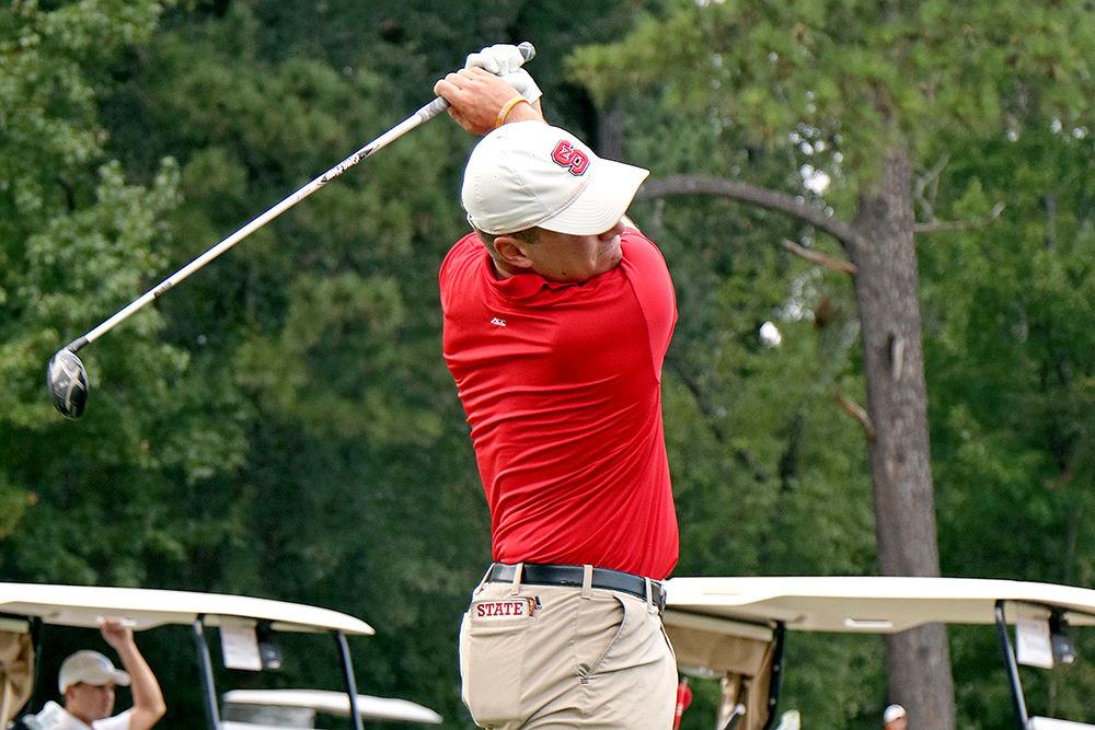 Junior Benjamin Shipp takes a swing and drives the ball down range. Shipp finished Round 2 with a score of -6, the best of the NC State men&#8217;s golf team at Lonnie Poole Golf Course on Saturday, Oct. 6, 2018.